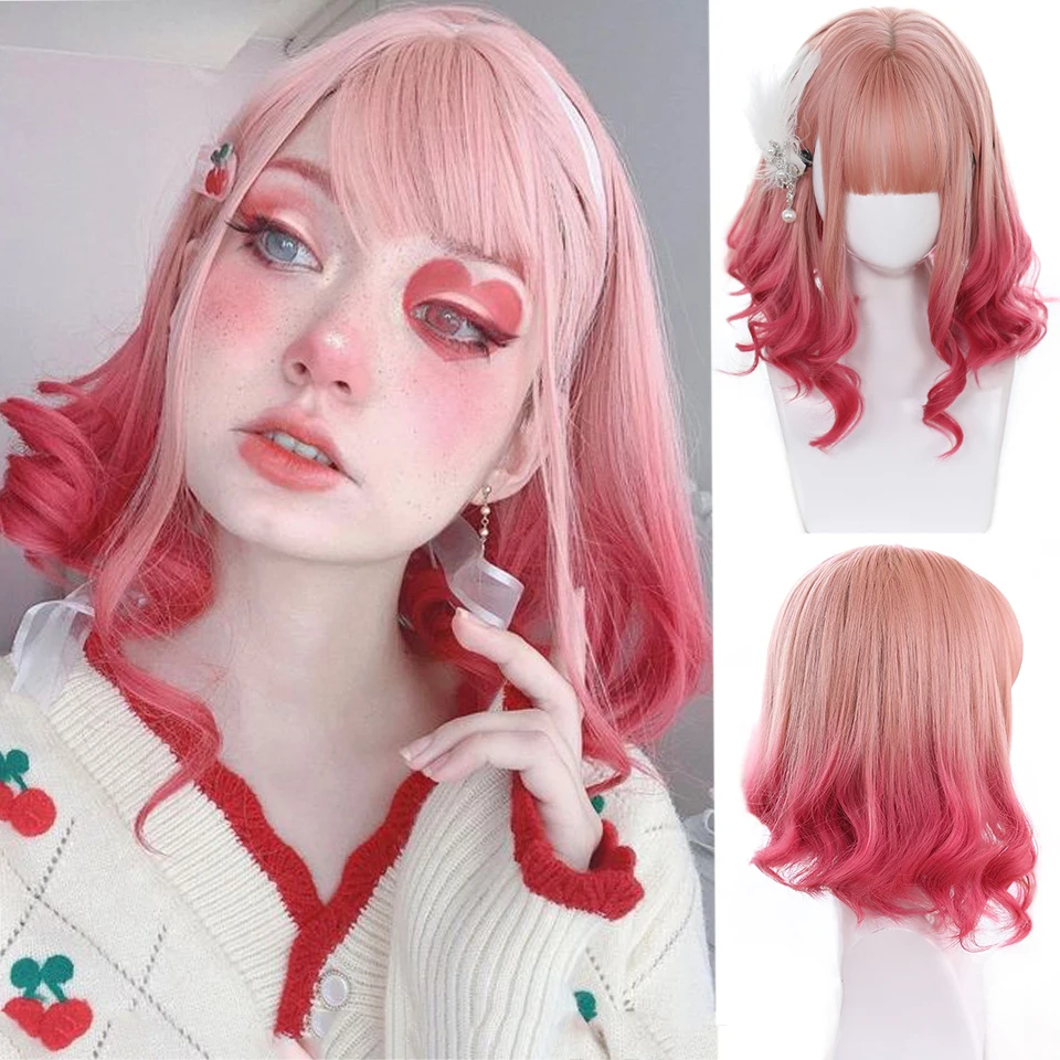 

HOUYAN Synthetic short bob curly hair girl pink purple wig female bangs cosplay Lolita party wig heat-resistant wig