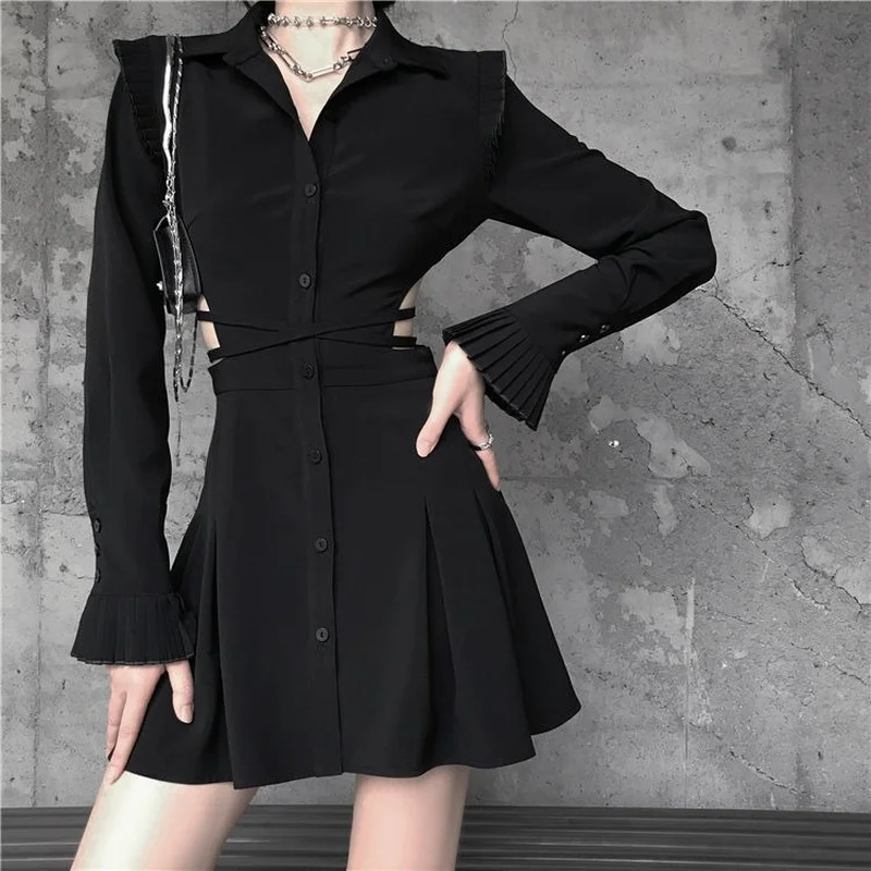 HOUZHOU Gothic Black Dress Streetwear Women Sexy Waist Hollow Out Bandage Vintage Ruffle Patchwork Pleated Shirt Dress Mall Goth
HOUZHOU Gothic Black Dress Streetwear Women Sexy Waist Hollow Out Bandage Vintage Ruffle Patchwork Pleated Shirt Dress Mall Goth
