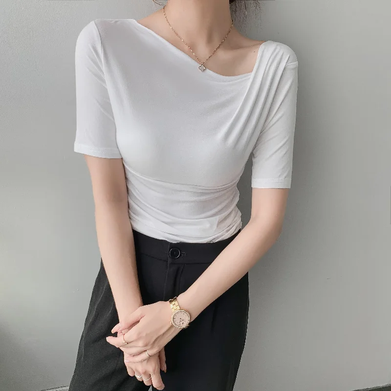 Sexy Chic Women Basic Cotton Short Sleeve Slim Elastic T-shirts New Fashion Skew Collar Folds Tops Elegant Summer Tee Shirt 2021
Sexy Chic Women Basic Cotton Short Sleeve Slim Elastic T-shirts New Fashion Skew Collar Folds Tops Elegant Summer Tee Shirt 2021