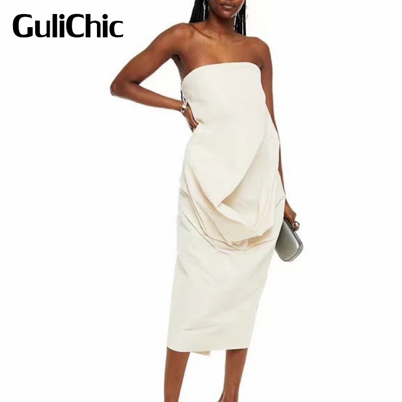 

9.13 GuliChic Women Temperament Asymmetric Drape Strapless Sleeveless Zipper Solid Color Casual Dress