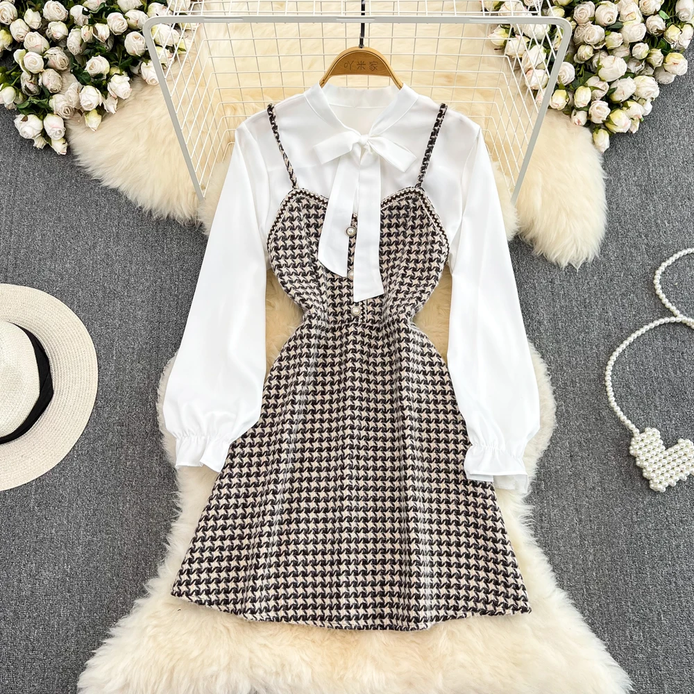 Осенне-зимнее Новое милое приталенное платье с лямкой через шею в стиле тысячи птиц + белая Свободная рубашка с бантом из двух частей
Осенне-зимнее Новое милое приталенное платье с лямкой через шею в стиле тысячи птиц + белая Свободная рубашка с бантом из двух частей