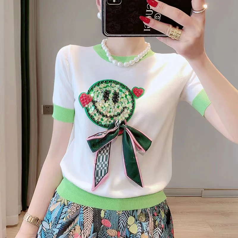 2022 New Design Female's Short Sleeve O Neck Smile Face Knitted Shirt Sweater Loose Hollow Out Pullover Tops For Women
2022 New Design Female's Short Sleeve O Neck Smile Face Knitted Shirt Sweater Loose Hollow Out Pullover Tops For Women
