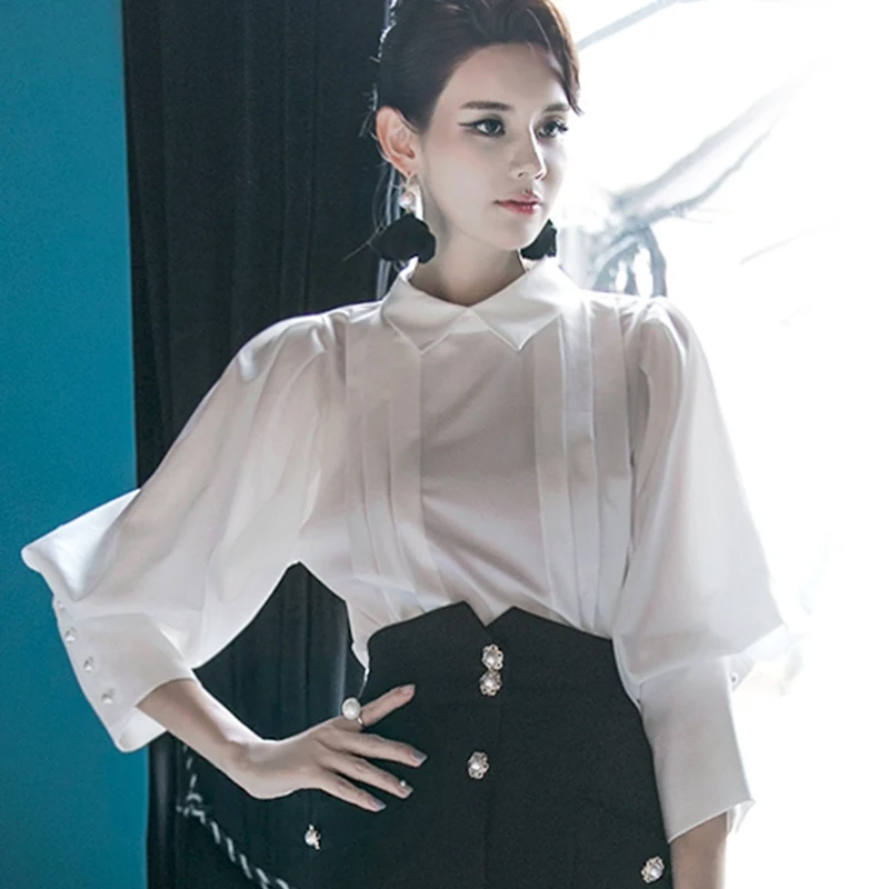 Spring Summer White Pleated Chiffon Shirts Women Blouse Tops Long Puff Sleeves Korean Office Ladies Party Work Shirts Clothing 
Spring Summer White Pleated Chiffon Shirts Women Blouse Tops Long Puff Sleeves Korean Office Ladies Party Work Shirts Clothing