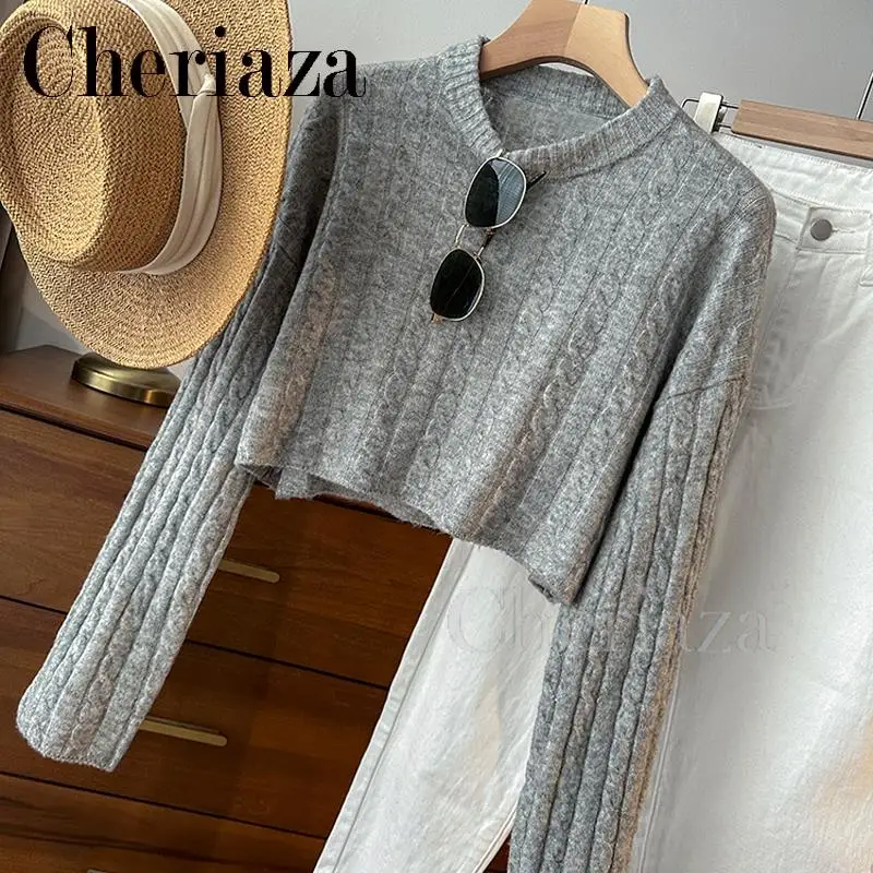 

Cheriaza 2023 Autumn Winter Female New Solid Color Short Fashion Simplicity Versatile Appear Thin Tall Round Neck Jumper Sweater