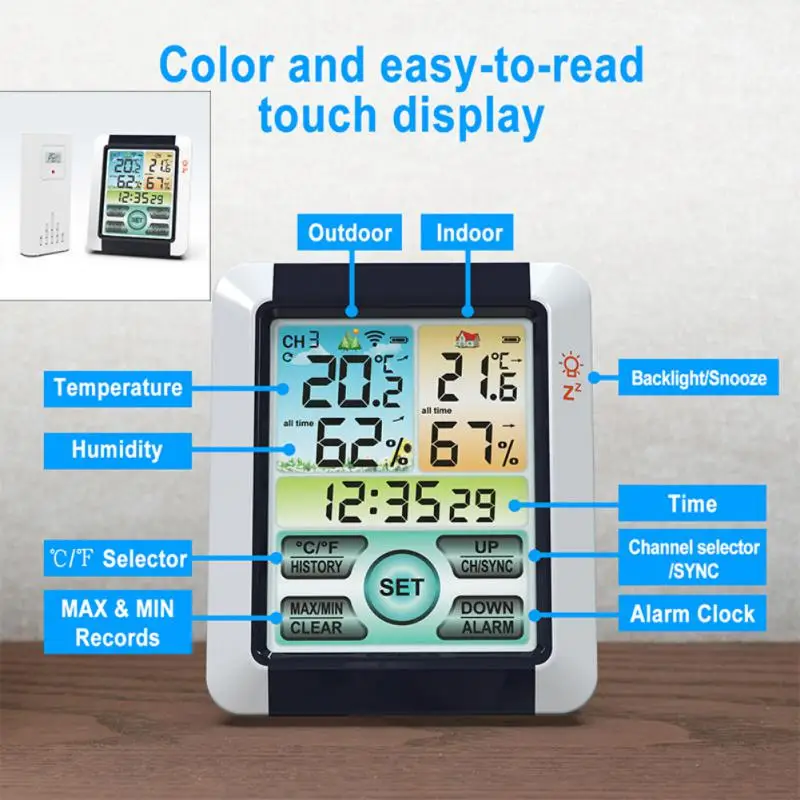 

Цветной ЖК-дисплей, цифровая подсветка, будильник с повтором сигнала, Метеостанция для прогноза погоды, отображение температуры, влажности, времени, даты, часы для дома