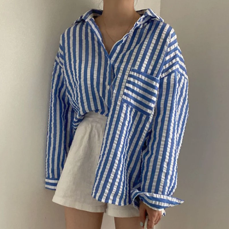 VANOVICH Korean Design Striped Shirt Women's Summer Fashion Loose Casual Long-sleeved Sunscreen Polo-Neck Single Breasted Shirt
VANOVICH Korean Design Striped Shirt Women's Summer Fashion Loose Casual Long-sleeved Sunscreen Polo-Neck Single Breasted Shirt