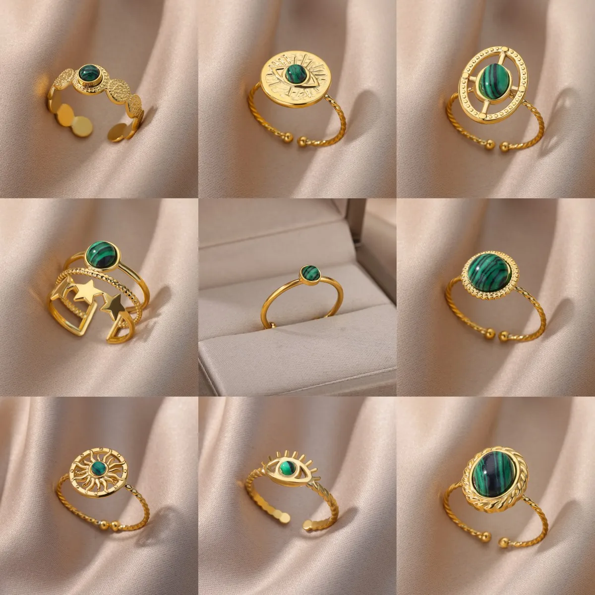 Stainless Steel Ring Green Color Natural Stone Jewelry For Women Vintage 18K Gold Color Opening Adjustable Rings Free shipping
Stainless Steel Ring Green Color Natural Stone Jewelry For Women Vintage 18K Gold Color Opening Adjustable Rings Free shipping