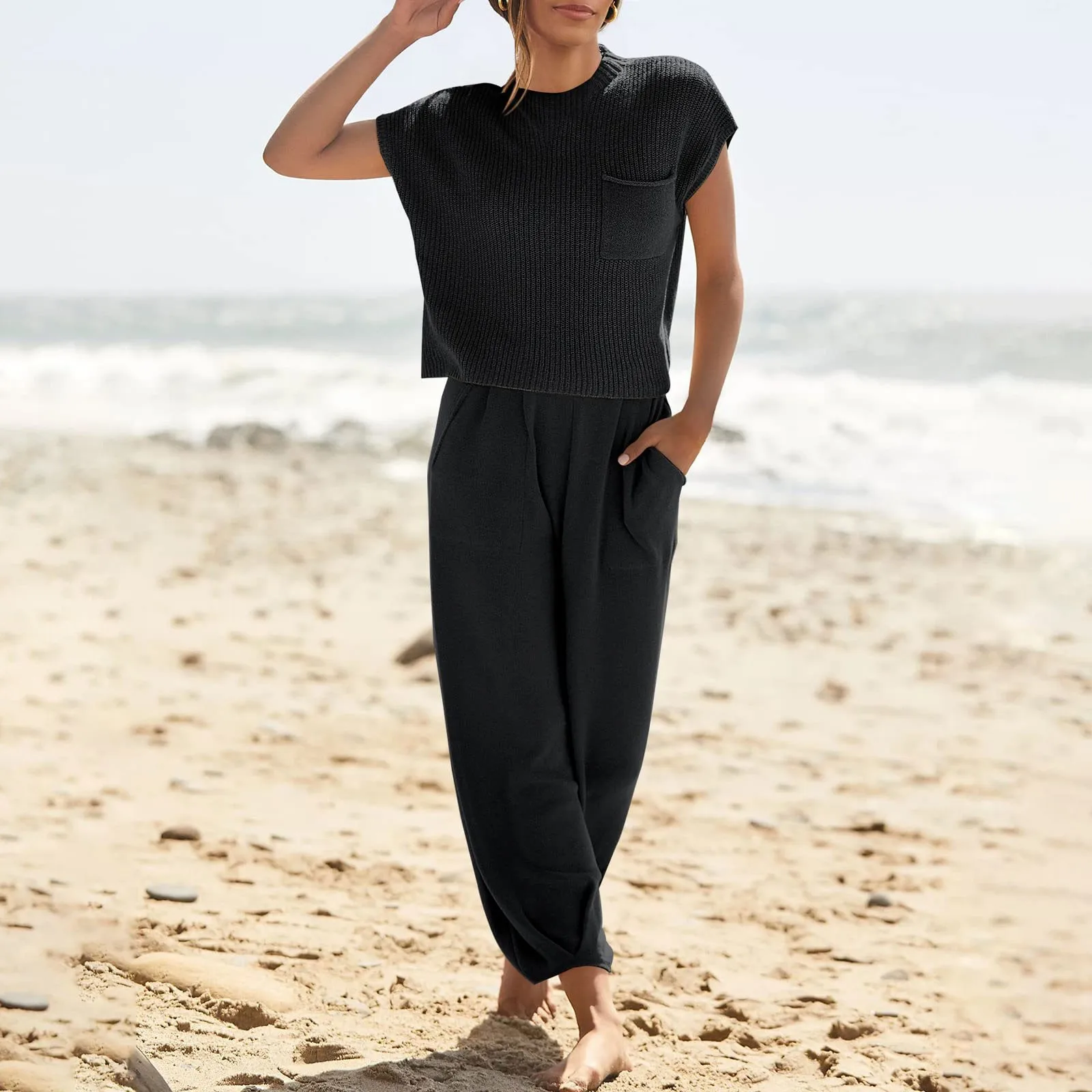 Women Knitted Solid Color Pantsuit Vintage Loose Top Elastic Waist Wide Leg Trousers Suit Beach Outdoor Sports Tracksuit Outfits
Women Knitted Solid Color Pantsuit Vintage Loose Top Elastic Waist Wide Leg Trousers Suit Beach Outdoor Sports Tracksuit Outfits