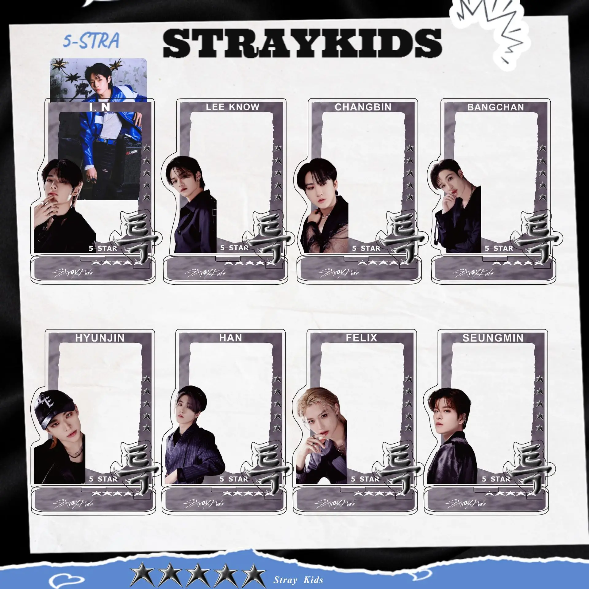 KPOP Stray Kids 5-STAR Album Card Stand Holder HD Acrylic Photo Card Storage Desktop Ornament HyunJin Felix Fans Collections
KPOP Stray Kids 5-STAR Album Card Stand Holder HD Acrylic Photo Card Storage Desktop Ornament HyunJin Felix Fans Collections