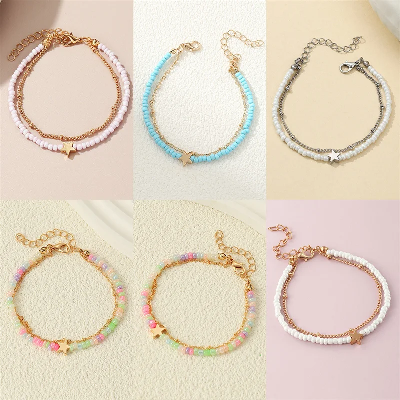 

Fashion Rice Bead Star Anklet for Women Boho Double Layer Beading Leg Foot Chain Bracelets Jewelry Summer Beach Vacation Sandals