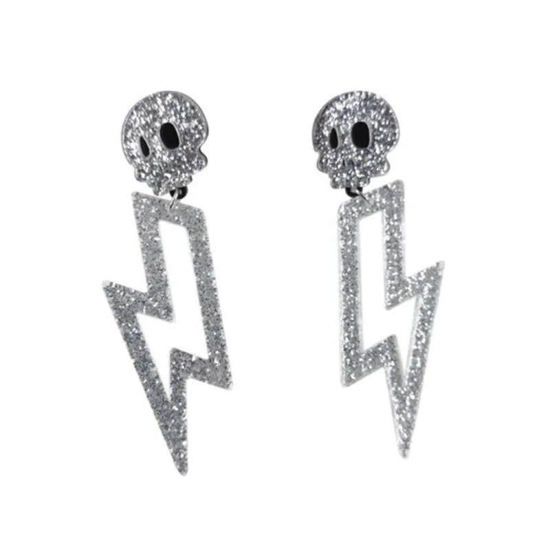 

Silver Glitter Acrylic Skull Lightning Earrings Long Geometric Fashion Night Club Women Exaggerated Punk Jewelry