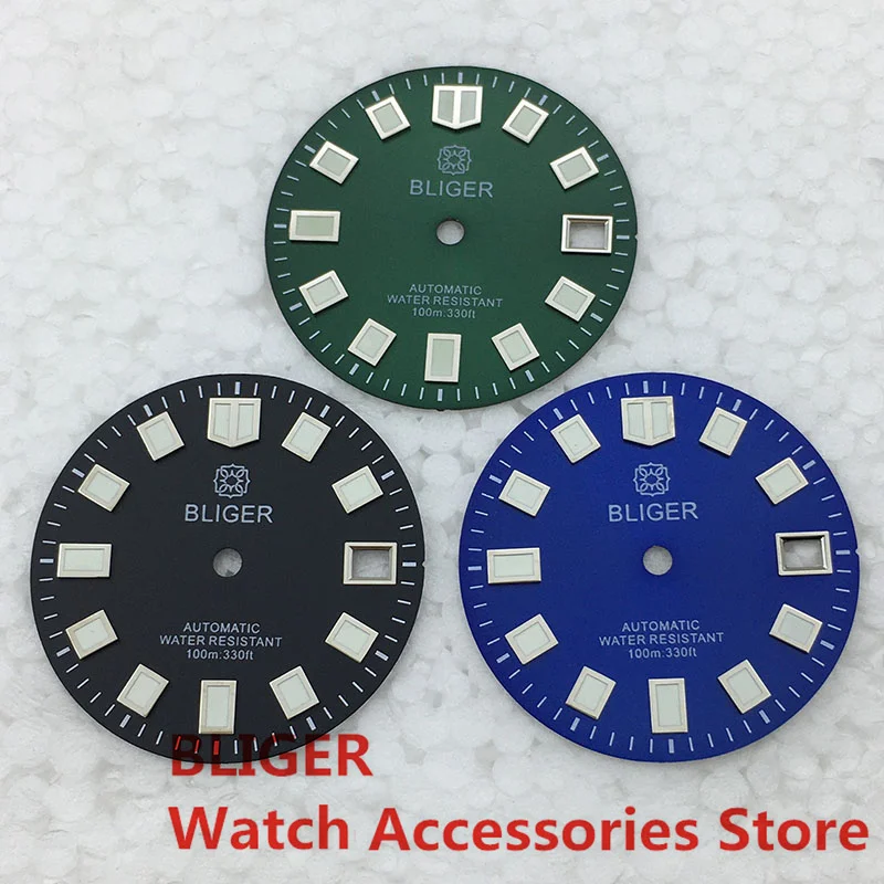 

BLIGER 28.5mm Watch Dial Sterile Black Blue Green Fit NH35/NH35A Movements 3 O'clock Date Window Green Luminous