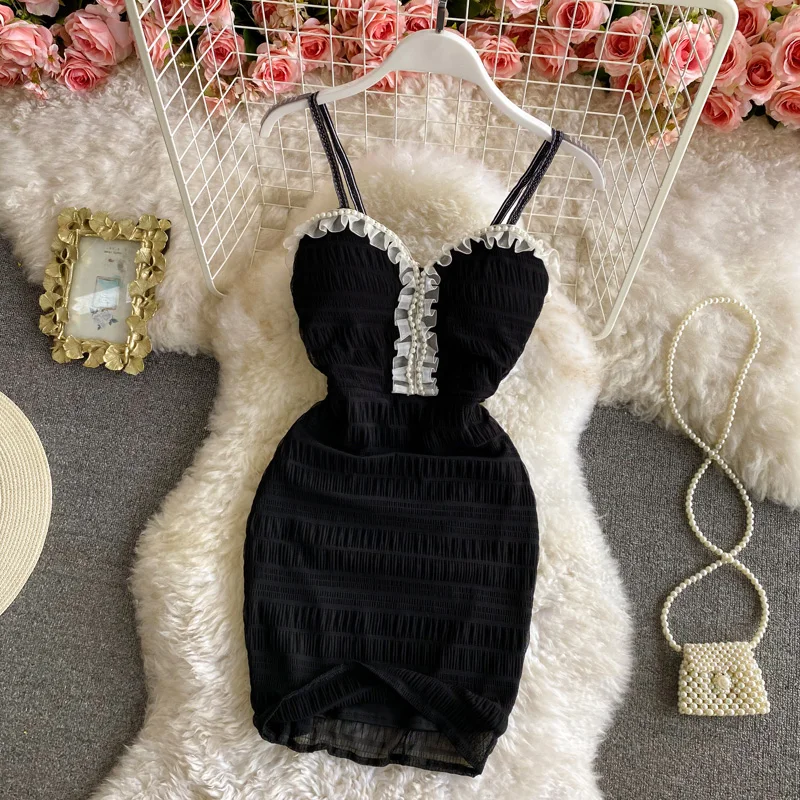 

Женское сексуальное платье с V-образным вырезом, облегающее однотонное кружевное платье-футляр на бретелях-спагетти с бисером, облегающее мини-платье, Клубное черное платье-комбинация для 18-24 лет