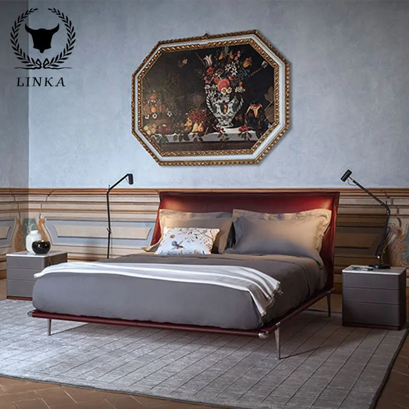 

Роскошная кожаная художественная кровать в итальянском стиле, вилла в большой квартире, простая Основная спальня, двойная кровать, 1,8 метра, на заказ