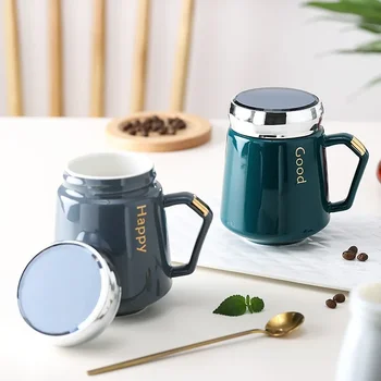 Letter Painted Ceramic Espresso Coffee Mugs Home Porcelain Tableware Large Travel Tea Mug Milk Latte Water Cup with Lid 430ml