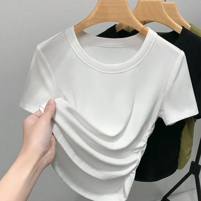 2023 new women's wide-brimmed round collar solid color t-shirt ruffled waist arc-shaped hem blouse WHITE 
2023 new women's wide-brimmed round collar solid color t-shirt ruffled waist arc-shaped hem blouse WHITE