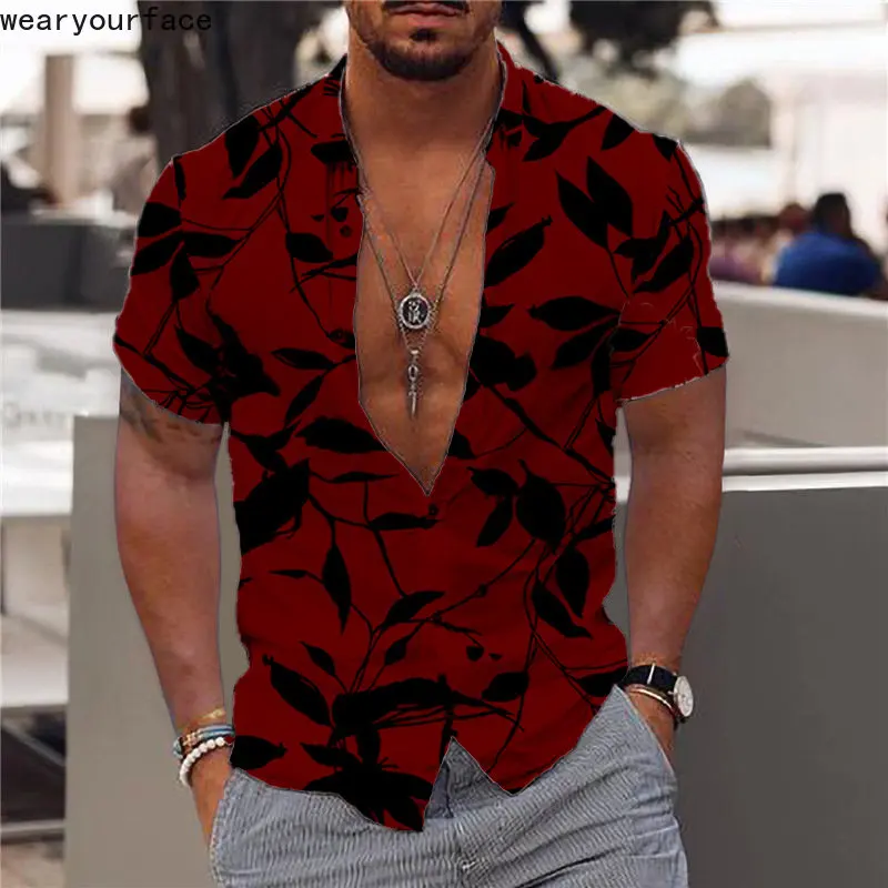 

Leaf Geometry Shirts Printed Hawaiian Graphics Dress Shirt Buttons Short Sleeve Thin Style Streetwear Beach Casual Men Clothing