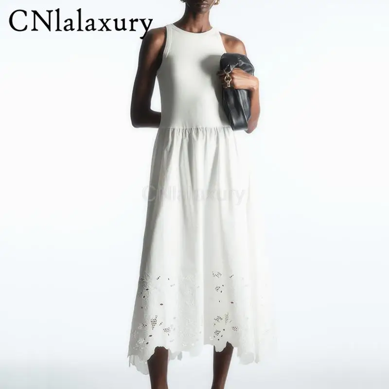 

CNlalaxury 2023 New Woman Summer Fashion Sleeveless Hollow Embroidery Vest Midi Dresses Casual Loose Simple Elegant Female Chic