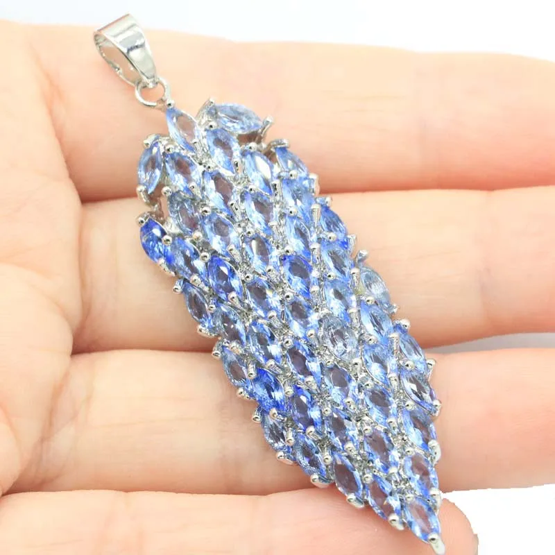 

68X19mm Highly Recommend Long Rich Blue Violet Tanzanite Pink Morganite White CZ Women Daily Wear Silver Pendant