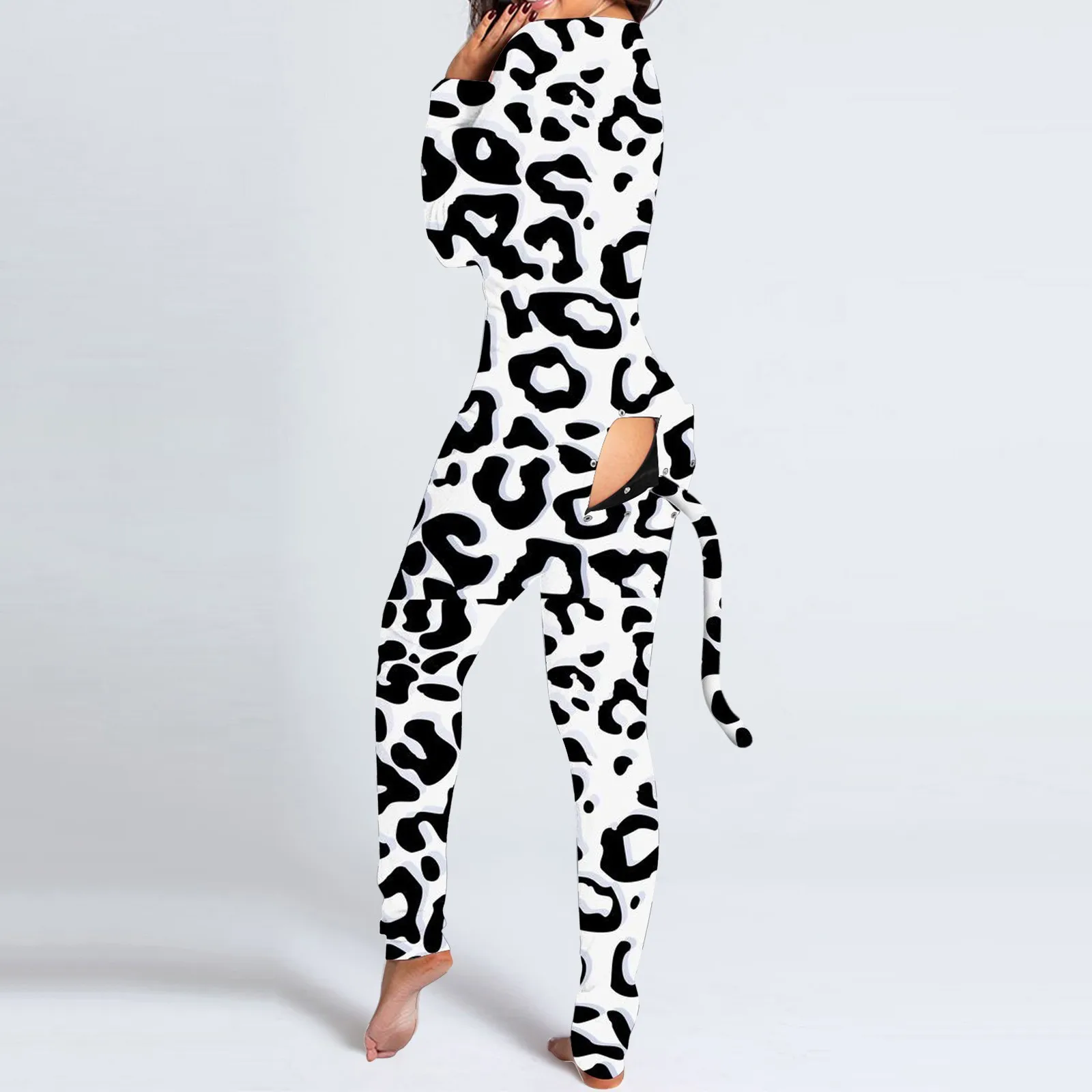 

Sexy Women Pajamas Onesies Button-Down Front Buttoned Flap Adults Pyjama Plaid Cow Print V-Neck Long Sleeve Jumpsuit Sleepwear