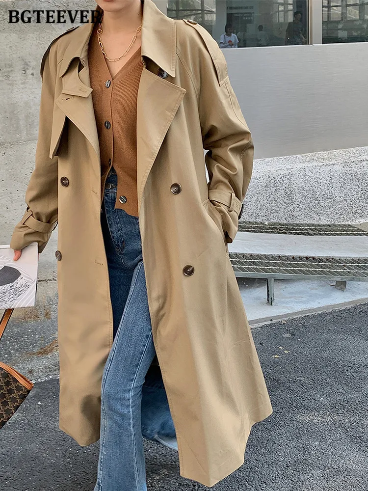 

BGTEEVER Casual Loose Lapel Double Breasted Women Trench Coats Long Sleeve Belted Female Long Overcoats Autumn Winter