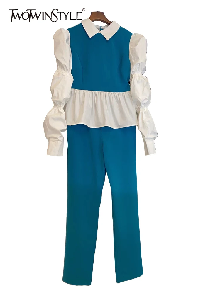 TWOTWINSTYLE Casual Patchwork Two Piece Set For Women Lapel Fake Two Shirts Loose Straight Pants Female Suit 2022 Spring Clothes
TWOTWINSTYLE Casual Patchwork Two Piece Set For Women Lapel Fake Two Shirts Loose Straight Pants Female Suit 2022 Spring Clothes