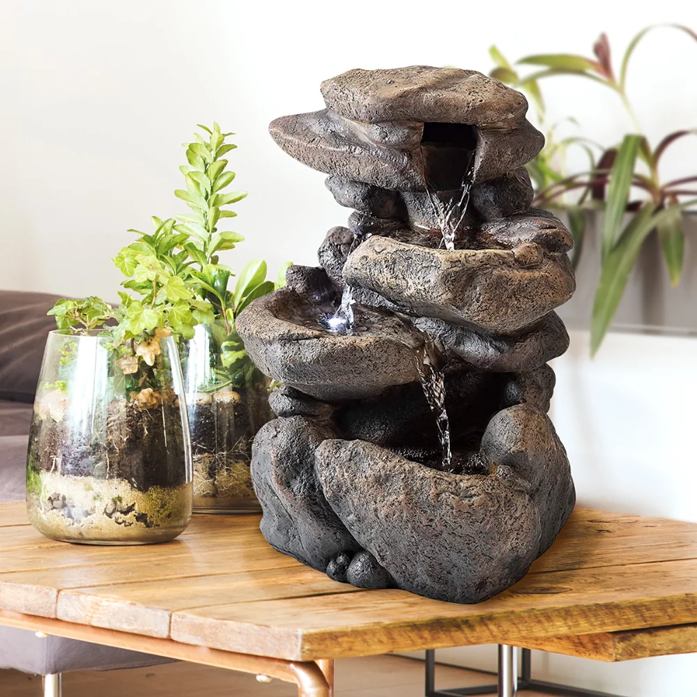

Alpine Corporation 11" Tall Indoor 3-Tier Tabletop Stone Water Fountain with LED Lights Garden Decoration Outdoor Outdoor