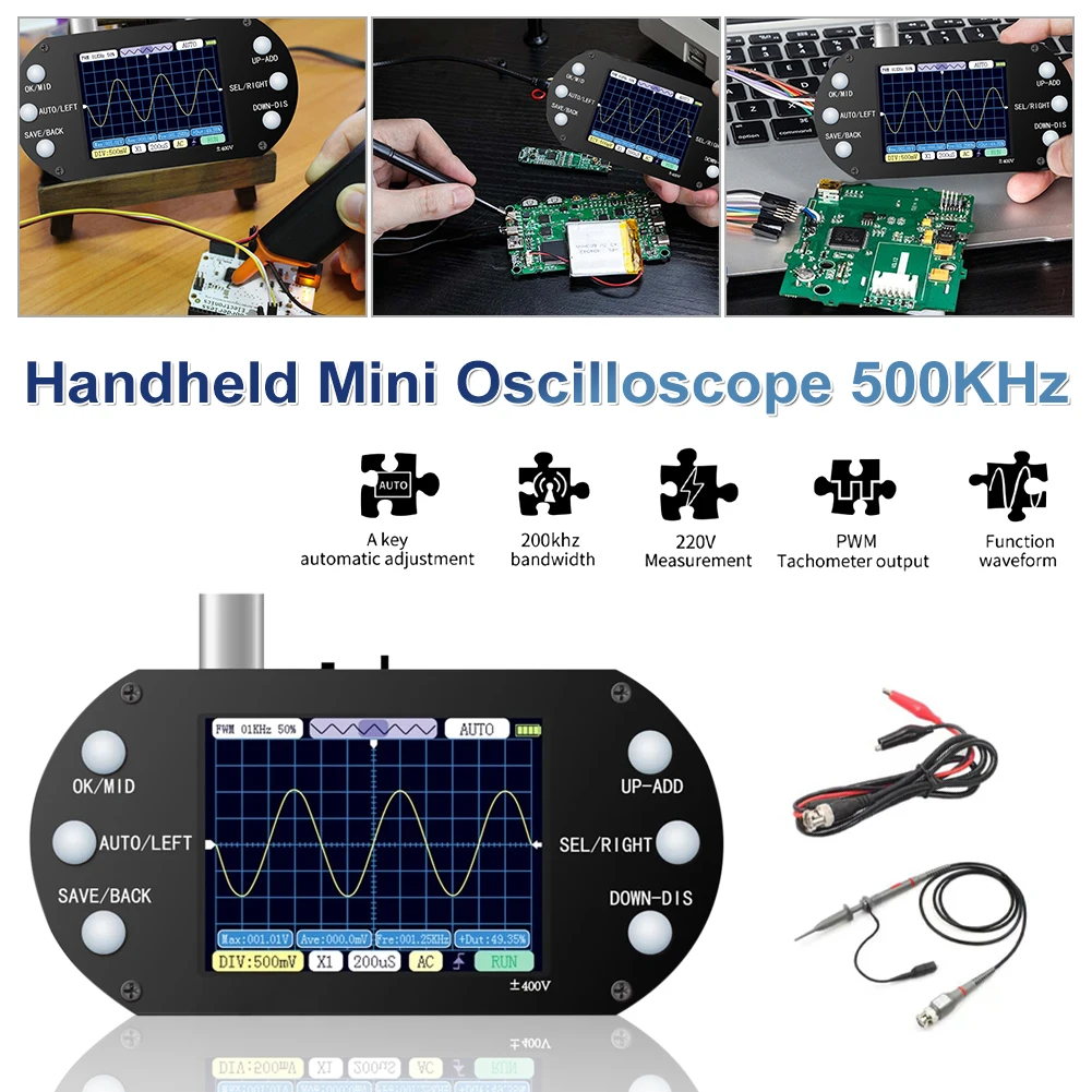 1Set Handheld Mini Oscilloscope 500KHz Bandwidth 2.5MHz Sample Rate Sinewave/Square Wave/Half Wave/Sink Pulse Wave Oscilloscope
1Set Handheld Mini Oscilloscope 500KHz Bandwidth 2.5MHz Sample Rate Sinewave/Square Wave/Half Wave/Sink Pulse Wave Oscilloscope