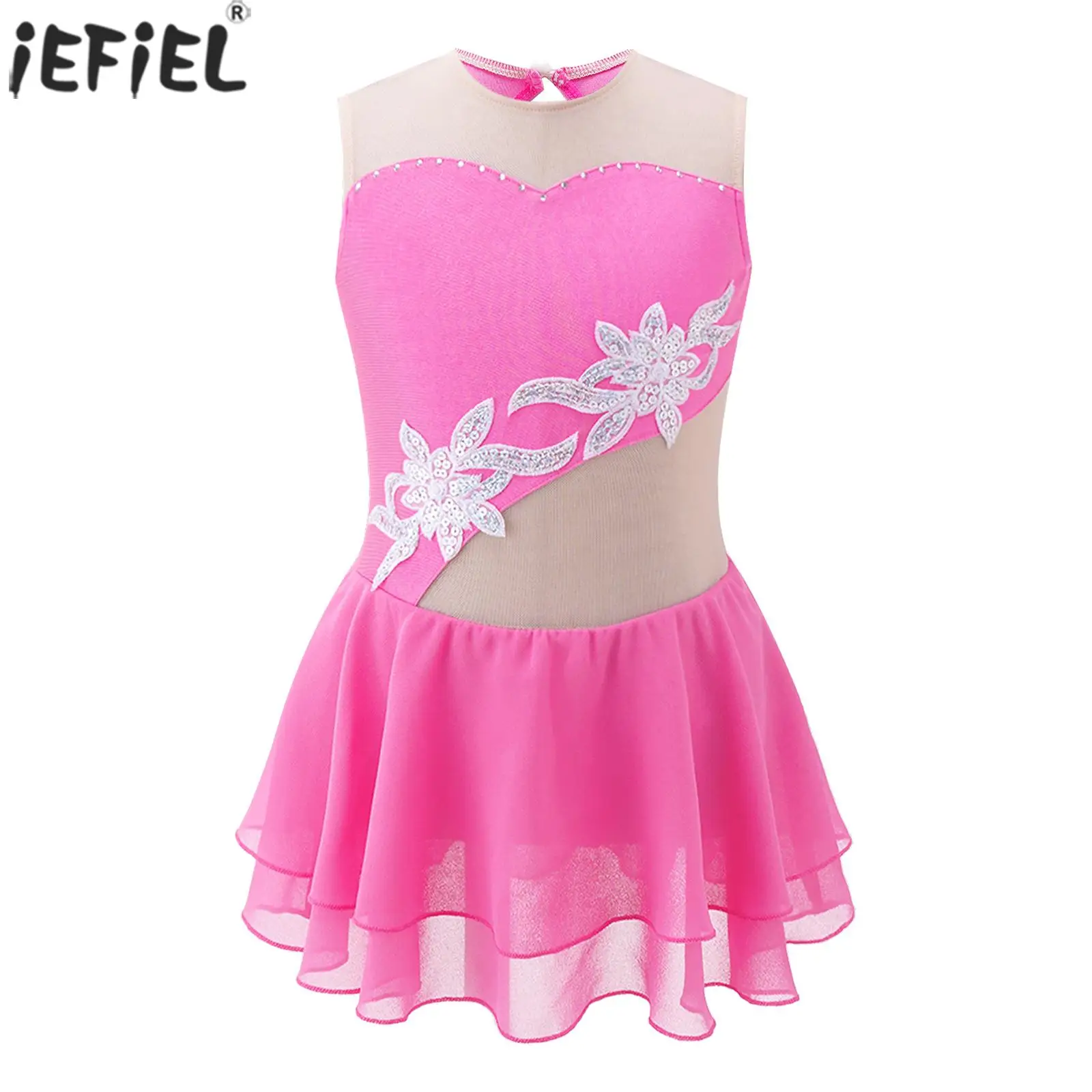 

Kids Girls Shiny Sequin Floral Ballet Dance Dress Skirted Leotard Figure Ice Skating Competition Stage Performance Costumes