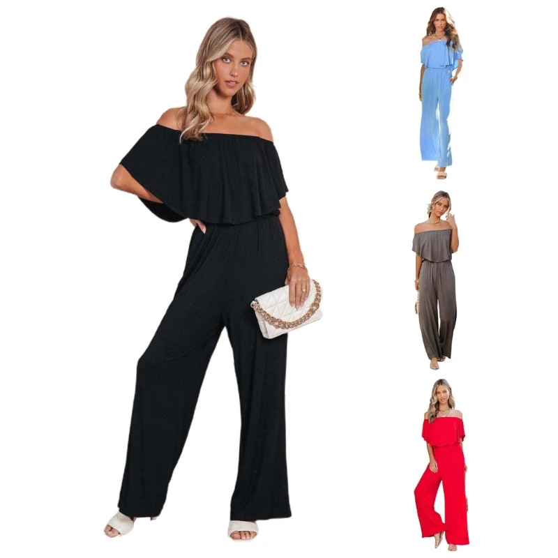 

M89E Women's Flounce Off the Shoulder Romper Short Sleeve Ruffle Jumpsuit Romper Wide Leg Outfit