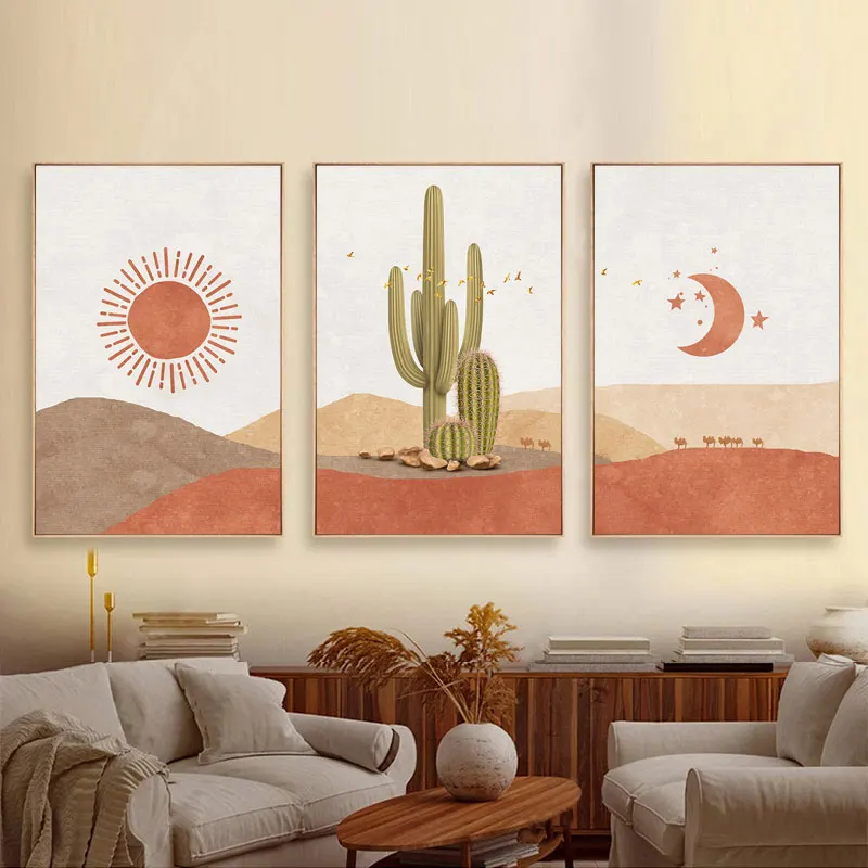 

Абстрактный пейзаж солнце и луна пейзаж в стиле бохо Холст принты кактус настенное искусство Скандинавская пустыня Настенная картина для гостиной домашний декор
