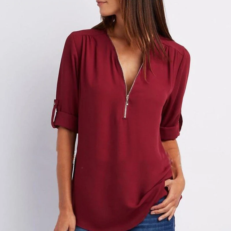 Fashion Pullover Shirt Women Casual V-neck Zipper Woman Blouse Long Sleeve Tops Loose Chiffon Shirts Solid Clothes Blusas 25811
Fashion Pullover Shirt Women Casual V-neck Zipper Woman Blouse Long Sleeve Tops Loose Chiffon Shirts Solid Clothes Blusas 25811
