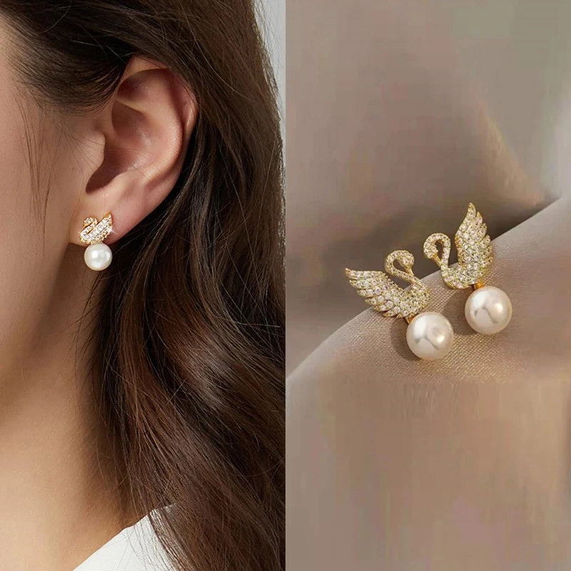 

1 Pair Imitation Pearl Swan Rhinestone Ear Studs Women's Jewelry Earrings Fashion Party Accessories Gifts