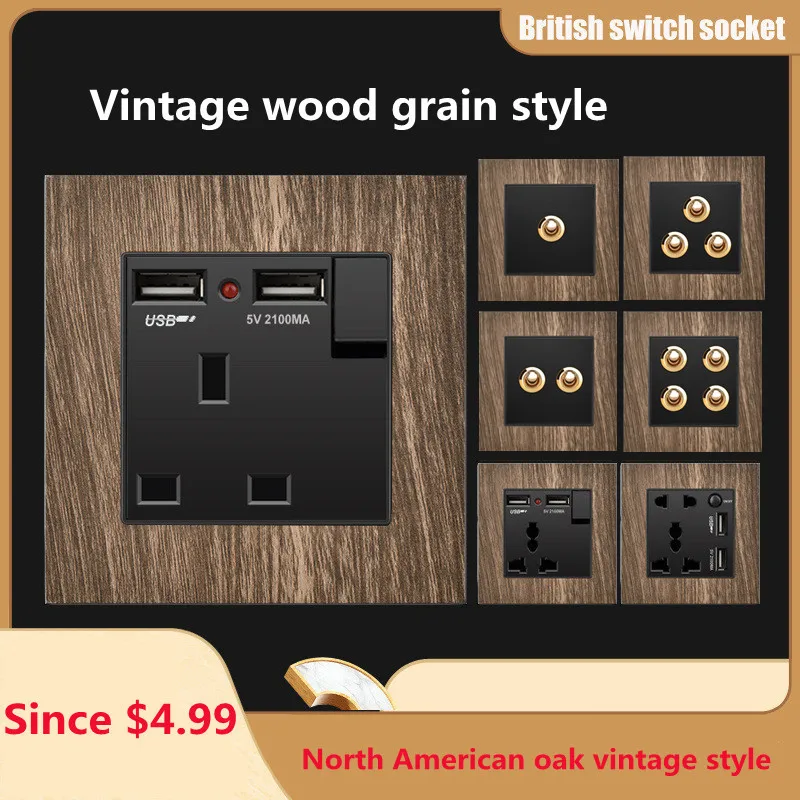 UK Plug 13A with dual USB charging socket, light switch European style retro wood grain toggle switch international socket
UK Plug 13A with dual USB charging socket, light switch European style retro wood grain toggle switch international socket