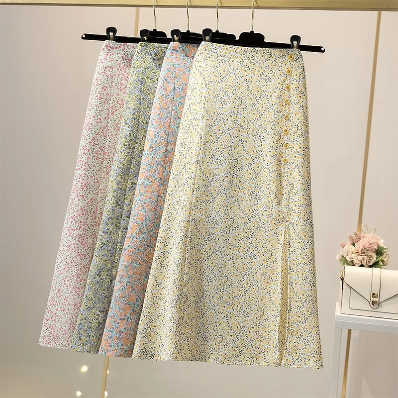

High Waisted Flowy Maxi Skirts For Women Korean Fashion Midi A Line Harajuku Teacher Chiffon Clothes Long Length Floral Faldas