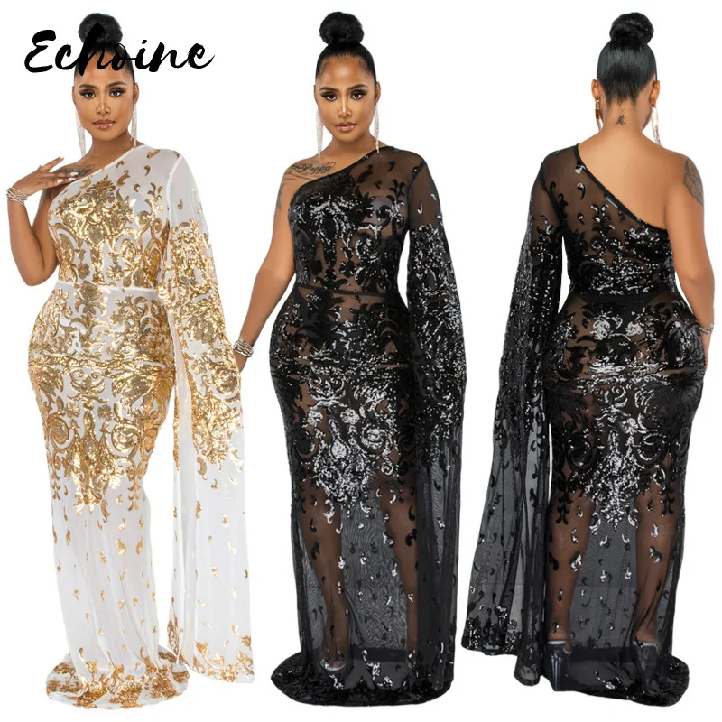 Woman Dress Embroidery Sequins Mesh Women Sexy One Shoulder Full Sleeve Floor Length Party Gown Female Long Robe S-3XL
Woman Dress Embroidery Sequins Mesh Women Sexy One Shoulder Full Sleeve Floor Length Party Gown Female Long Robe S-3XL