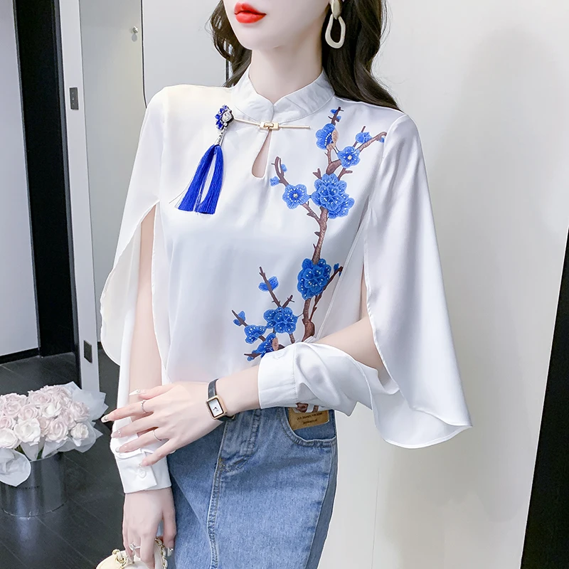 

Шифоновые женские рубашки, Новинка лета 2023, свободные блузки в китайском стиле с цветочным рисунком, Топ с длинным рукавом и круглым вырезом, одежда YCMYUNYAN