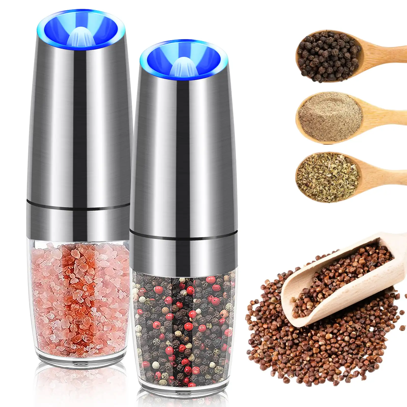 Salt and Pepper Grinder Set of 2, Adjustable Coarseness Pepper Mill, Electric Salt & Pepper Shakers with LED Blue Light, Gravity
Salt and Pepper Grinder Set of 2, Adjustable Coarseness Pepper Mill, Electric Salt & Pepper Shakers with LED Blue Light, Gravity