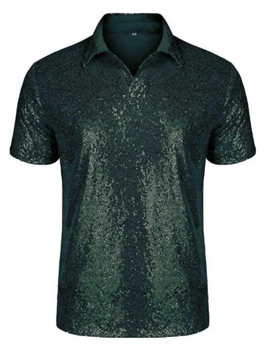

2023 Men's T-shirts Fashion Casual Short Sleeve Sparkle Sequins Male Polo Shirt 70s Disco Nightclub Party Tee