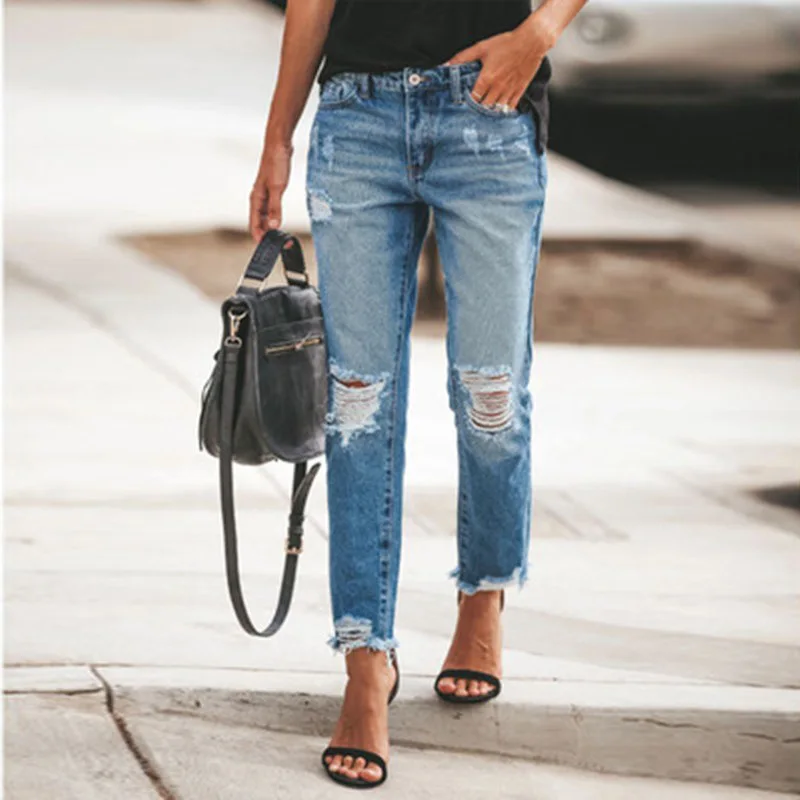 Streetwear Women's Ripped Denim Trousers Light Blue Washed Cotton Jeans Trousers Korean Version Capri Pants Pencil Pants Mujer
Streetwear Women's Ripped Denim Trousers Light Blue Washed Cotton Jeans Trousers Korean Version Capri Pants Pencil Pants Mujer
