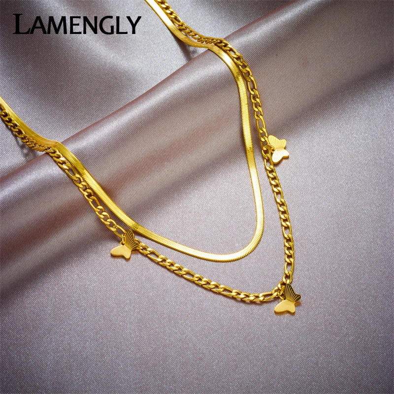 LAMENGLY 316L Stainless Steel Golden Butterfly Pendant Necklace For Women Girl Fashion 2in1 Chains Waterproof Jewelry Gift Party 
LAMENGLY 316L Stainless Steel Golden Butterfly Pendant Necklace For Women Girl Fashion 2in1 Chains Waterproof Jewelry Gift Party