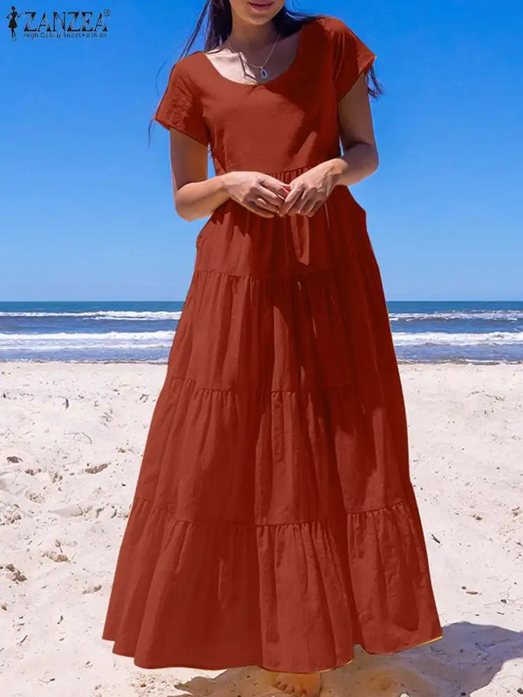 

ZANZEA Summer Women Maxi Dress Short Sleeve Solid Fashion Scoop Neck Long Robes Pleated Tiered A-line Casual Vacation Sundress