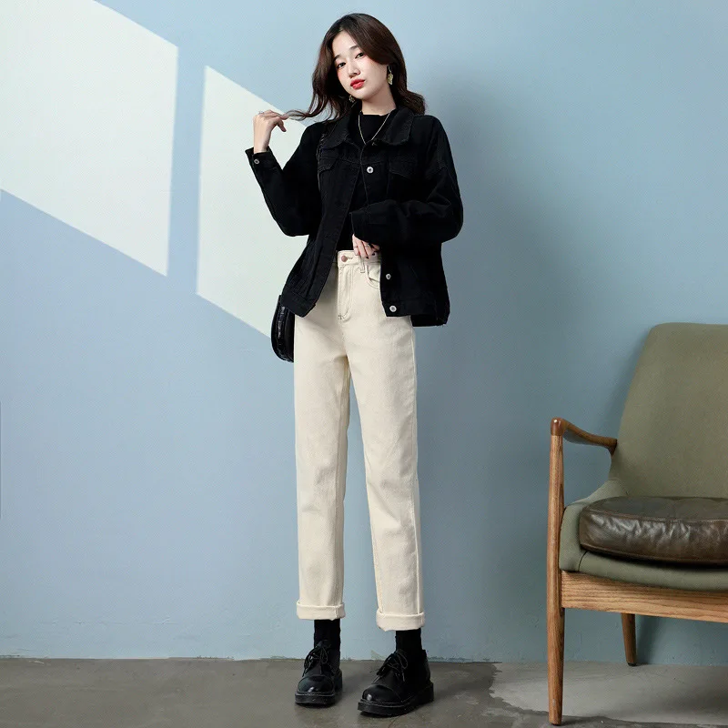 

2022 Straight chimney 2022 spring and summer living female high-waisted slim mid-tube pants nine points apricot black jeans