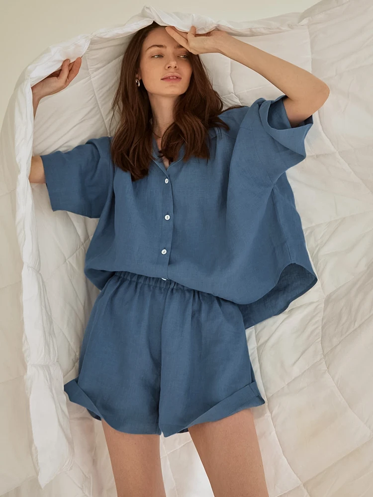 

Hiloc Lapel Cotton Loungewear Women Pajama 2022 Single-Breasted Women's Pajamas Set V-Neck Three Quarter Sleeve Sleepwear Loose