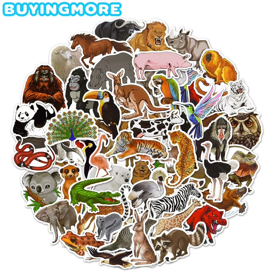 

50 PCS Animal Stickers Pack Zoo Vivid Animal Decals Funny Cute Stickers for Scrapbook Guitar Case Laptop Car Waterproof Sticker