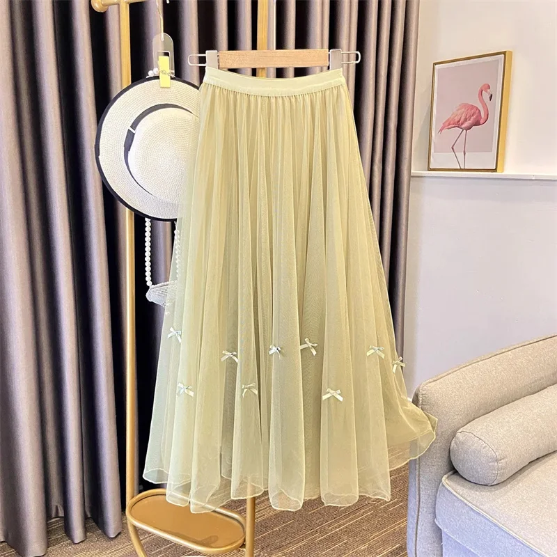 

Bow Knot Mesh Half length Skirt For Spring/Summer 2023 New Mid Length High Waisted A-line Skirt Figure Slim Draped Yarn Skirt