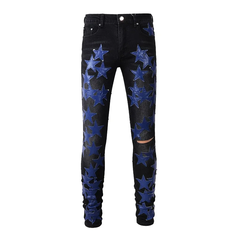 Men's Black Distressed Streetwear Slim Fit Embroidered Blue Leather Stars Patchwork Damaged Skinny Stretch Ripped Jeans
Men's Black Distressed Streetwear Slim Fit Embroidered Blue Leather Stars Patchwork Damaged Skinny Stretch Ripped Jeans