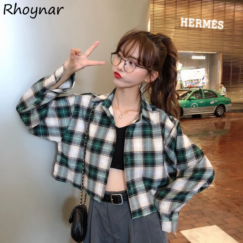 

Plaid Shirts Women Long Sleeve Cropped Designer Korean Fashion Temper Camisas Femme Ins Preppy Stylish College Casual Baggy Chic