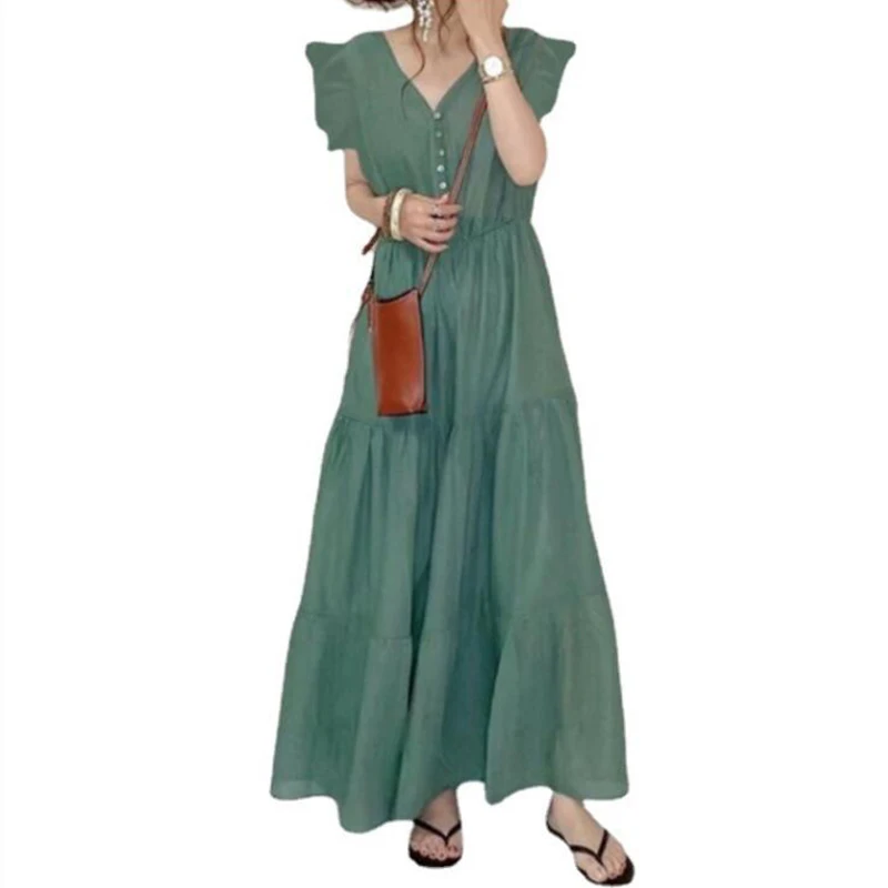 Women Summer Dress 2022 Japan Style Simple Basic V-neck Solid Color Flying Sleeve Splicing Long Swing Dress Vestidos De Mujer
Women Summer Dress 2022 Japan Style Simple Basic V-neck Solid Color Flying Sleeve Splicing Long Swing Dress Vestidos De Mujer
