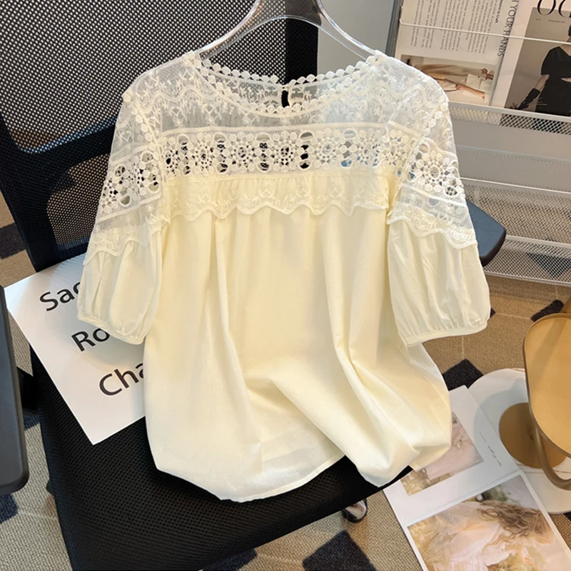 Summer Lace Stitching Elegant Chiffon Shirt Sweet Women Blouse Hollow Out Ladies Loose Lantern Short Sleeve Casual Tops 27186
Summer Lace Stitching Elegant Chiffon Shirt Sweet Women Blouse Hollow Out Ladies Loose Lantern Short Sleeve Casual Tops 27186